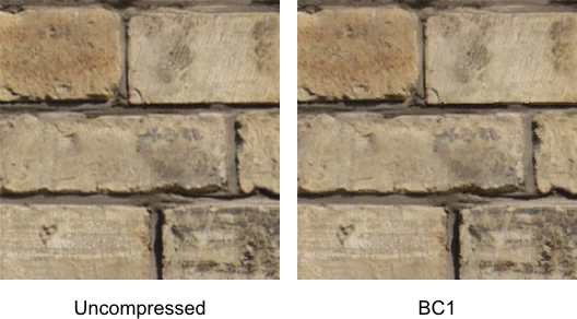 Comparison of BC1-compressed brick texture vs uncompressed original