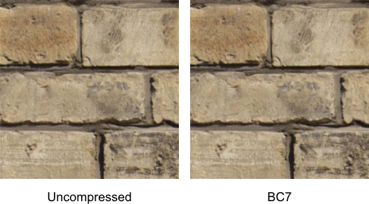 Comparison of BC7-compressed brick texture vs uncompressed original